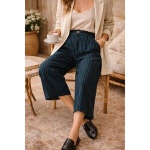 Attu Boho Coastal Textured Wide Leg Pants Size Small Navy Blue Rayon Cropped